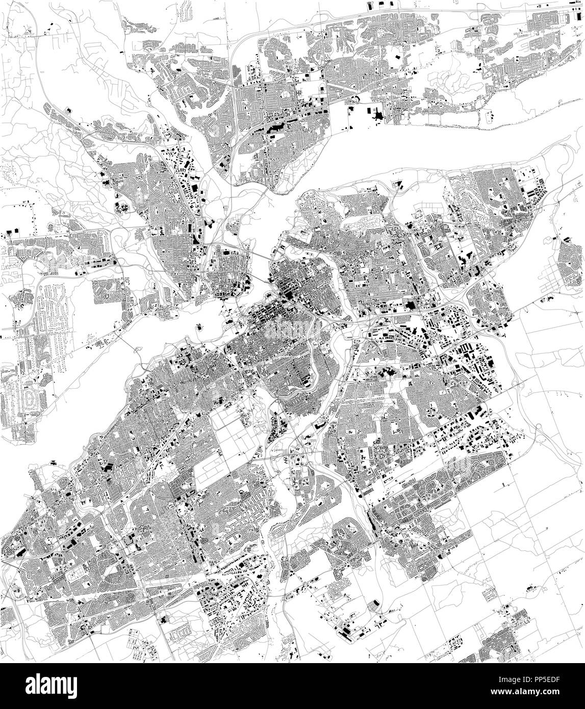 Karte von Ottawa, Satelliten-, schwarzen und weißen Karte. Straße Verzeichnis und Stadtplan. Kanada Stockfoto