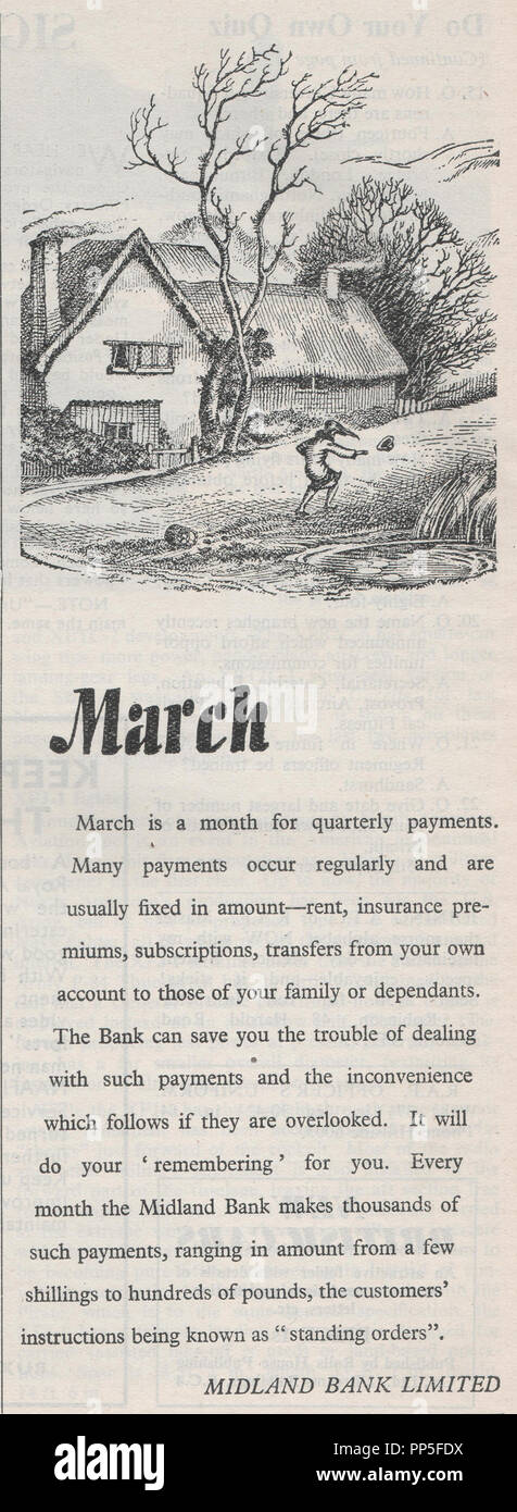 Midland Bank Limited vintage Advert vom März 1947. In Birmingham, England im August 1836 als Birmingham und Midland Bank es schließlich den Namen Midland Bank im Jahr 1923 angenommen und die Weltgrößte Bank gegründet. Im Juni 1992 wurde sie von der HSBC Holdings plc übernommen Stockfoto
