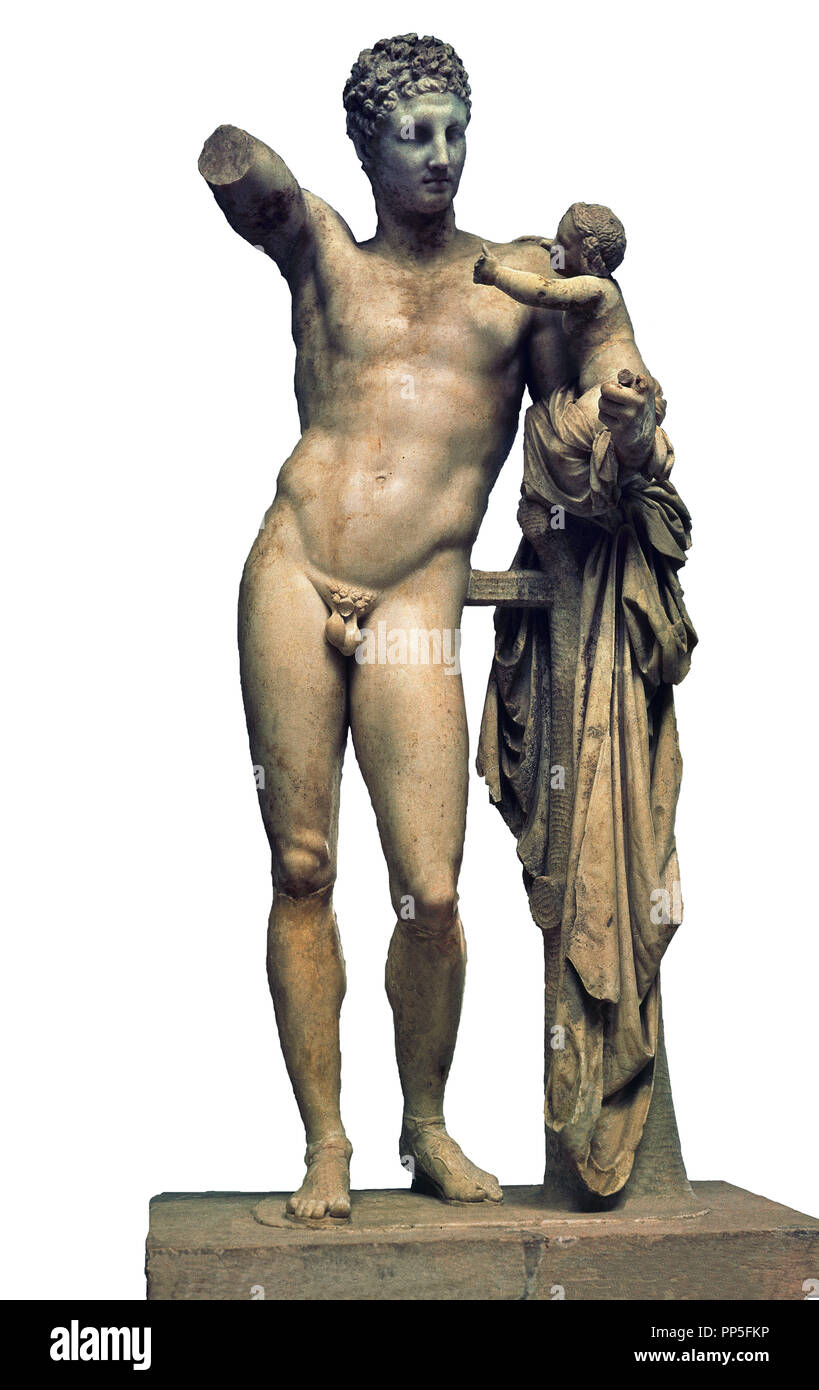 Praxitèle 390-333 Av. J. C.. Die griechischen Bildhauer. Hermes und der säugling Dionysos. Hermès y Dionisos. Olympia, das Archäologische Museum. Autor: PRAXITELES. Lage: MUSEO. OLIMPIA. Griechenland. Stockfoto