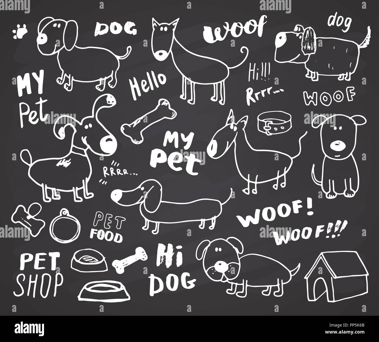Lustige Hunde doodle Einrichten. Hand skizziert Haustiere Sammlung Vector Illustration auf schiefertafel Hintergrund Stock Vektor