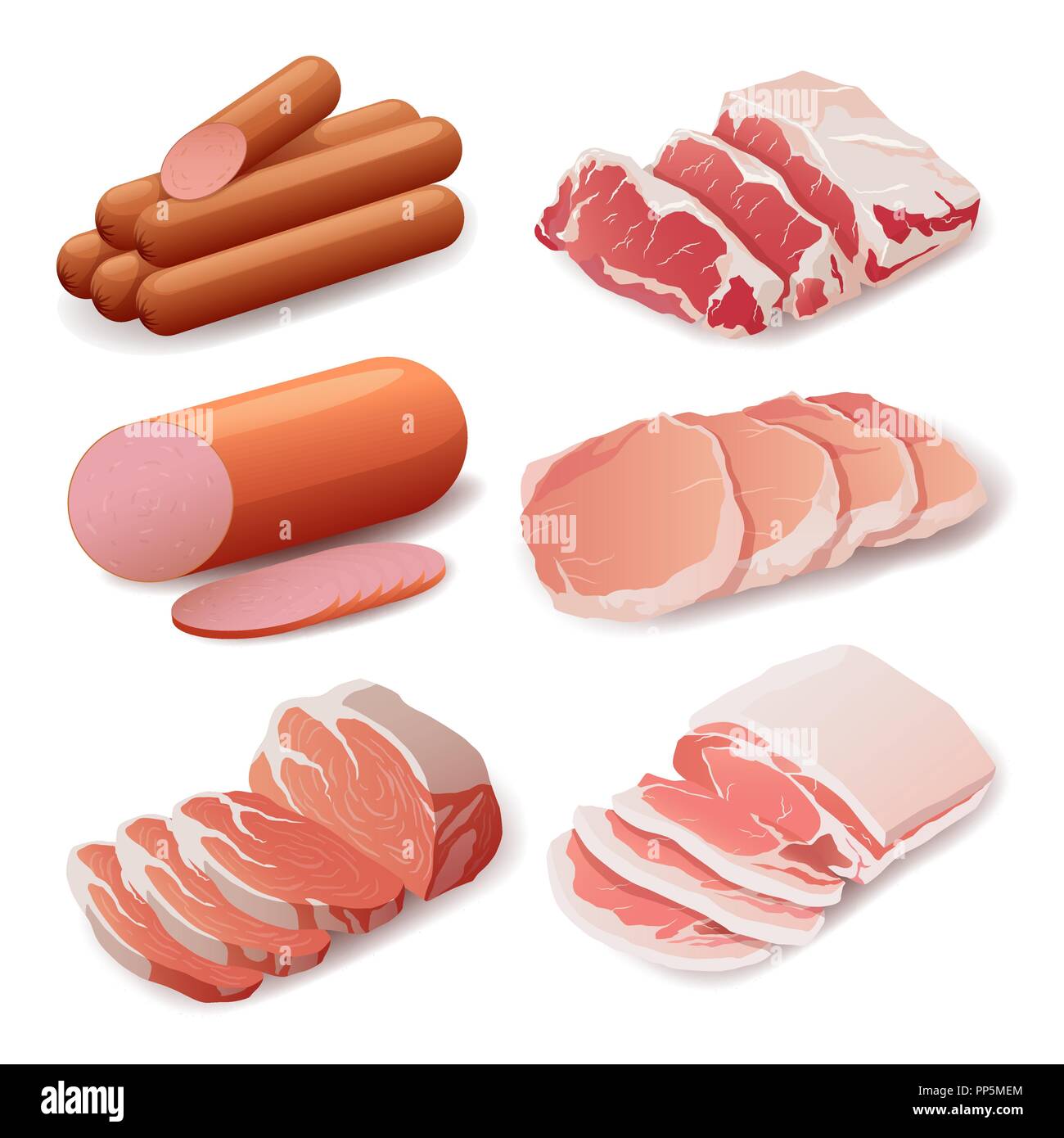 Eingestellt von Fleischerzeugnissen in flachen Stil, Kochen, Köstlichkeiten. Stock Vektor