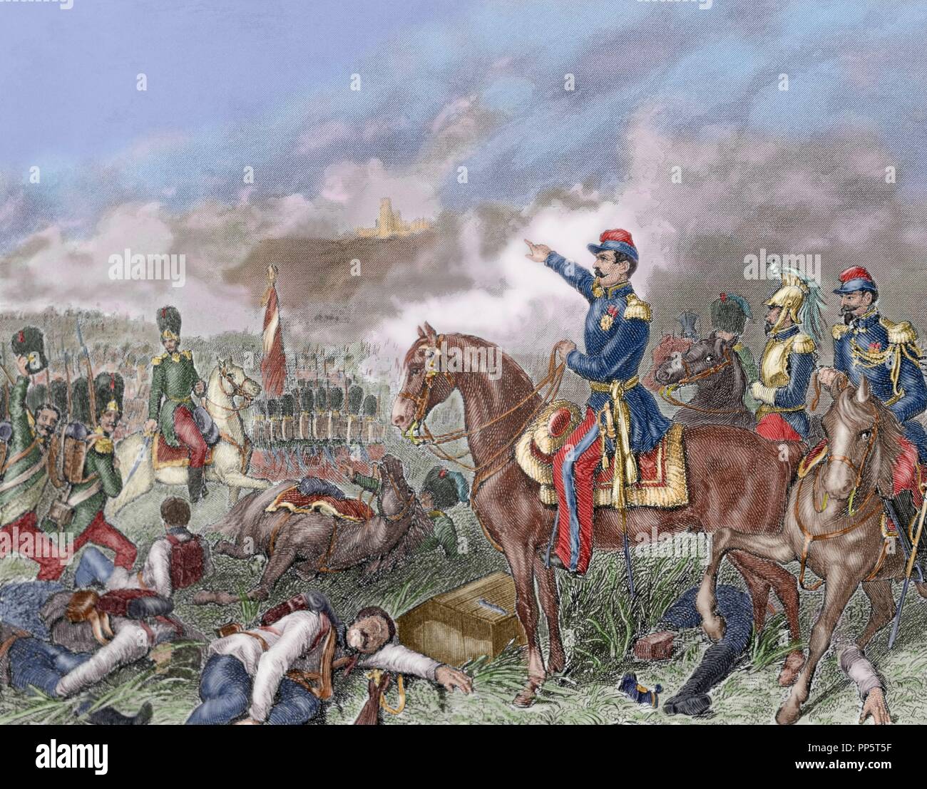 Zweiten italienischen Unabhängigkeitskrieg. Napoleon III. in der Schlacht von Solferino. (24 Juni 1859). Farbige Gravur, 1881. Stockfoto
