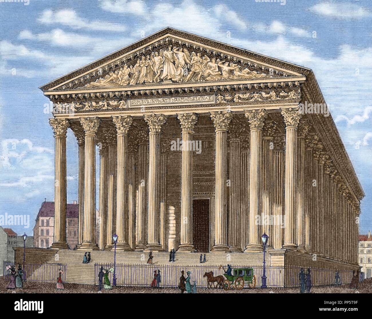 La Madeleine (L'e_glise de la Madeleine). 1806 Erbaut, wurde es als ein Tempel für die Herrlichkeit von Napoleons Armee konzipiert. Paris. Frankreich. Farbige Gravur. Stockfoto