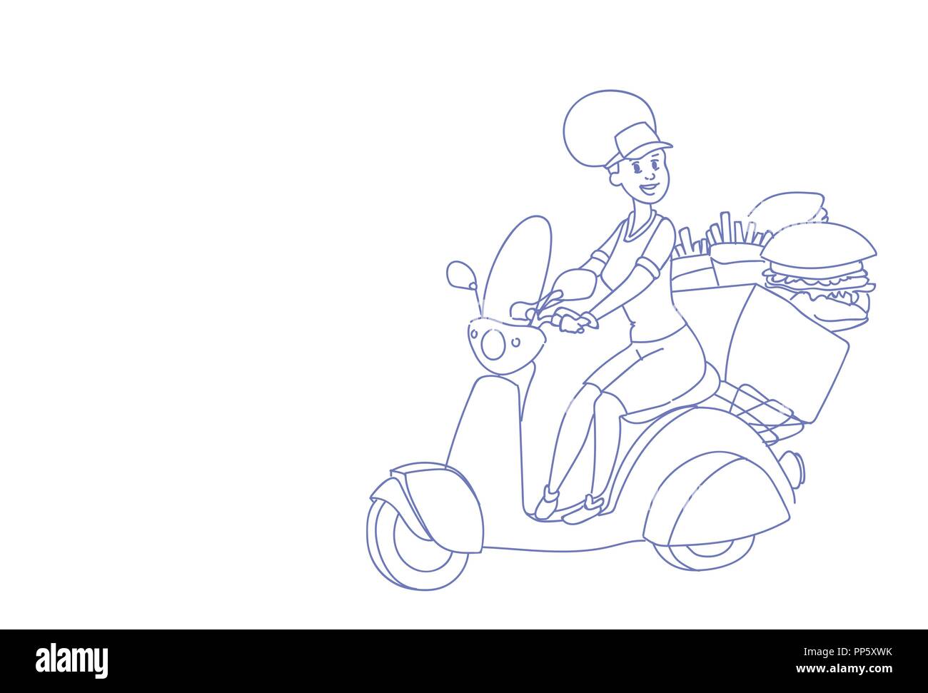 Frau reiten Motorrad Fast Food Delivery Service Konzept weibliche Motorradfahrer Hamburger gebraten Skizze doodle horizontal Stock Vektor