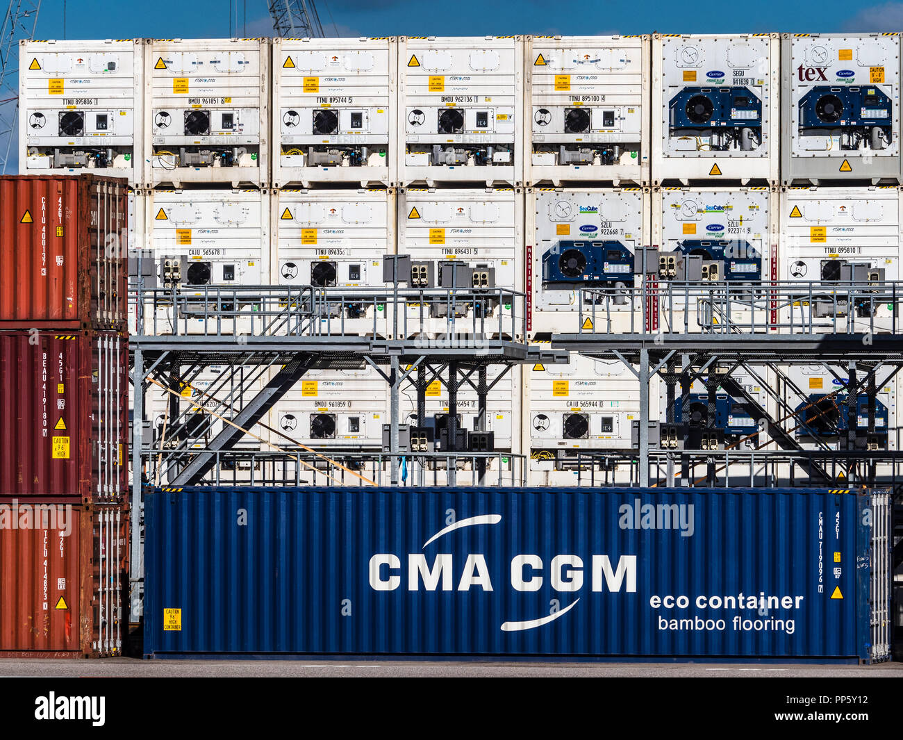Gekühlte Container Rotterdam - Kühlcontainer sind ISO-Container mit integriertem Kühlaggregat, AKA Kühlcontainer Stockfoto