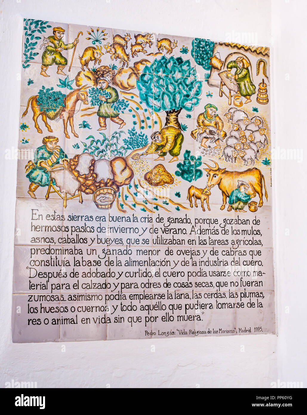 Bunte Keramik Hinweisschild am Eingang der Sedella erklären die lokale Landwirtschaft, Axarquia, Andalusien, Spanien Stockfoto