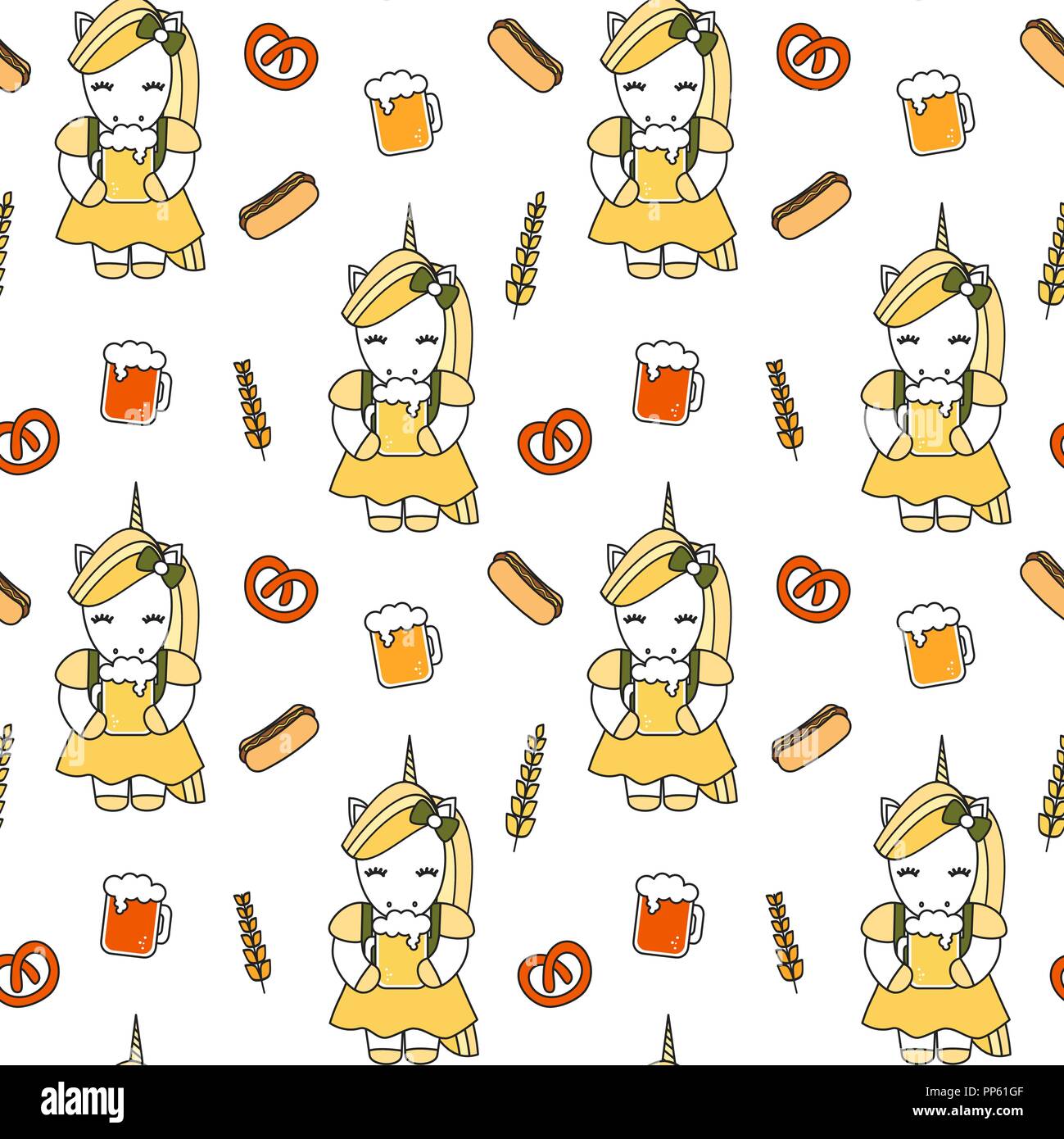 Cute cartoon Oktoberfest nahtlose Vektor Muster Hintergrund Abbildung mit Einhörner, Bier, Hot Dogs, Brezeln und Weizen Stock Vektor