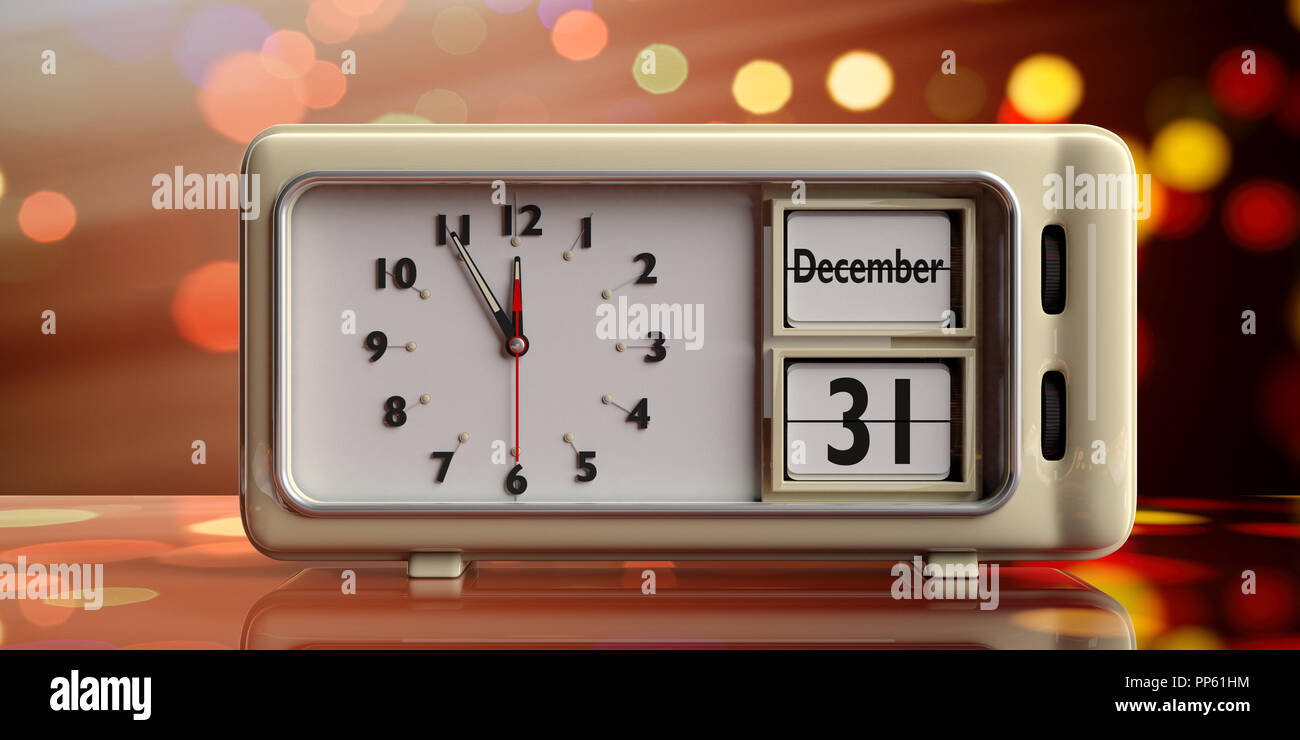 Silvester 24.00 Uhr. Retro Wecker mit dem Datum 31. Dezember auf festliche bokeh Hintergrund. 3D-Darstellung Stockfoto