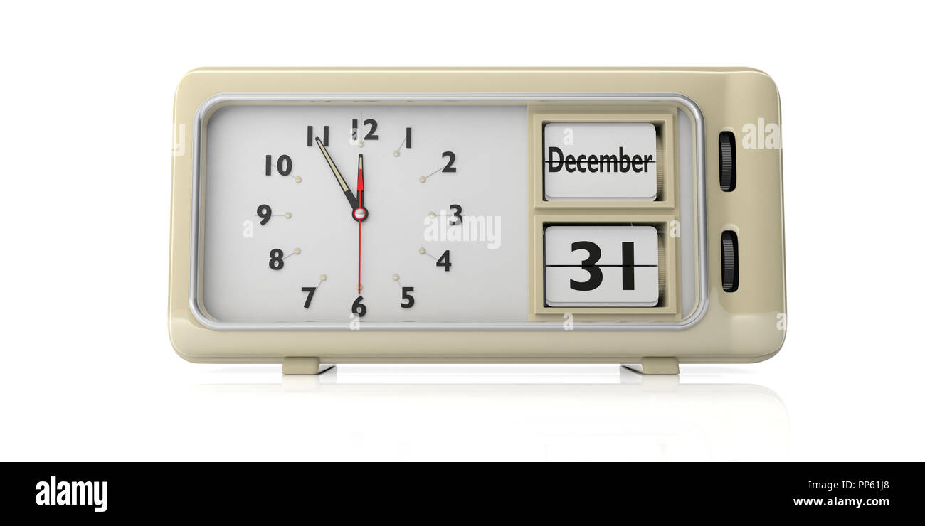 Silvester. Retro Wecker mit dem Datum 31. Dezember auf weißem Hintergrund. 3D-Darstellung Stockfoto