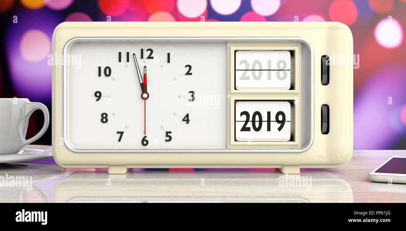 Neues Jahr ändern. Retro Wecker, Veränderung von 2018 bis 2019, Mitternacht, auf festliche, bokeh Hintergrund. 3D-Darstellung Stockfoto