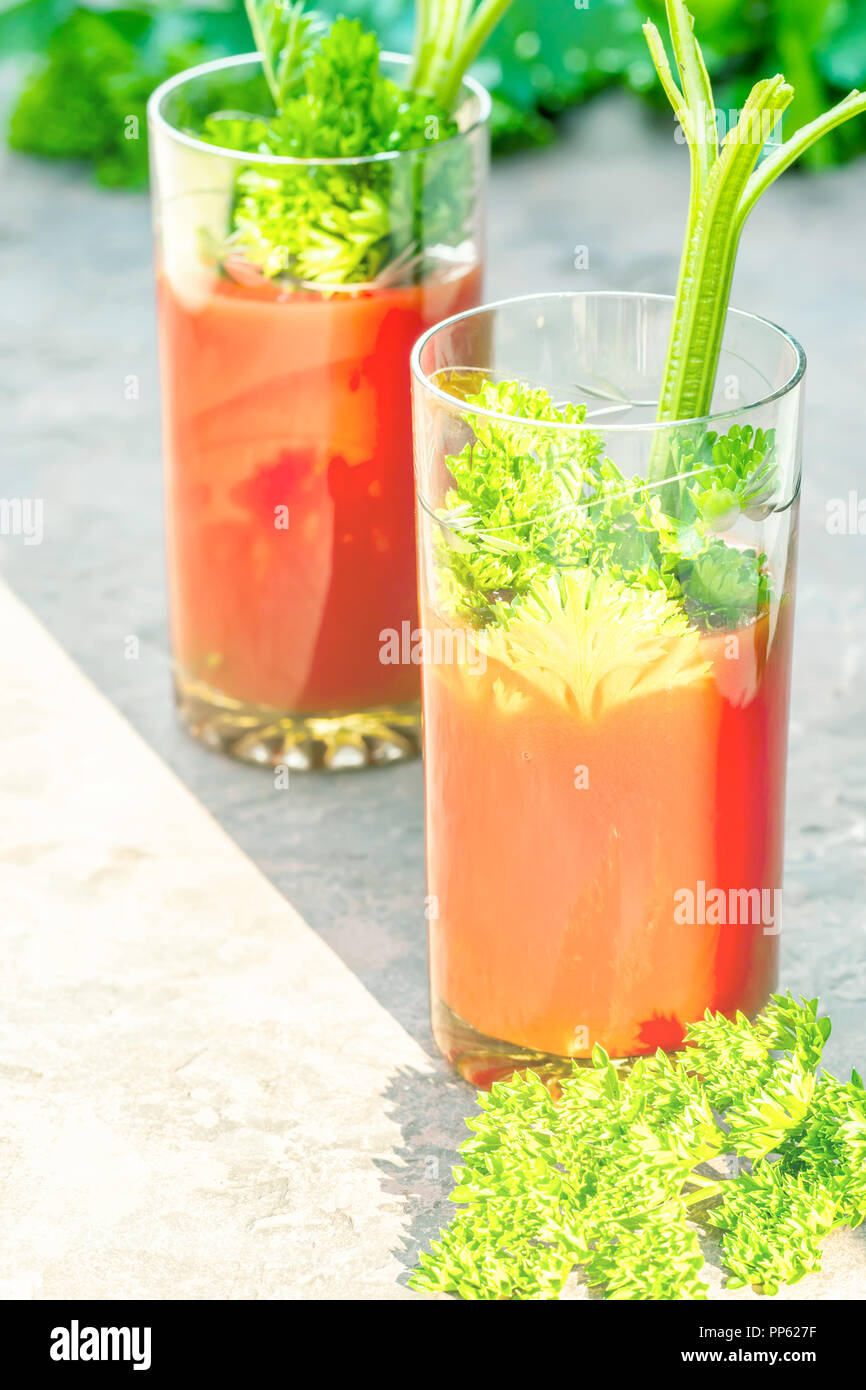 Zwei Gläser Tomatensaft hausgemachte aus dem Garten Gemüse aus ökologischem Anbau Stockfoto