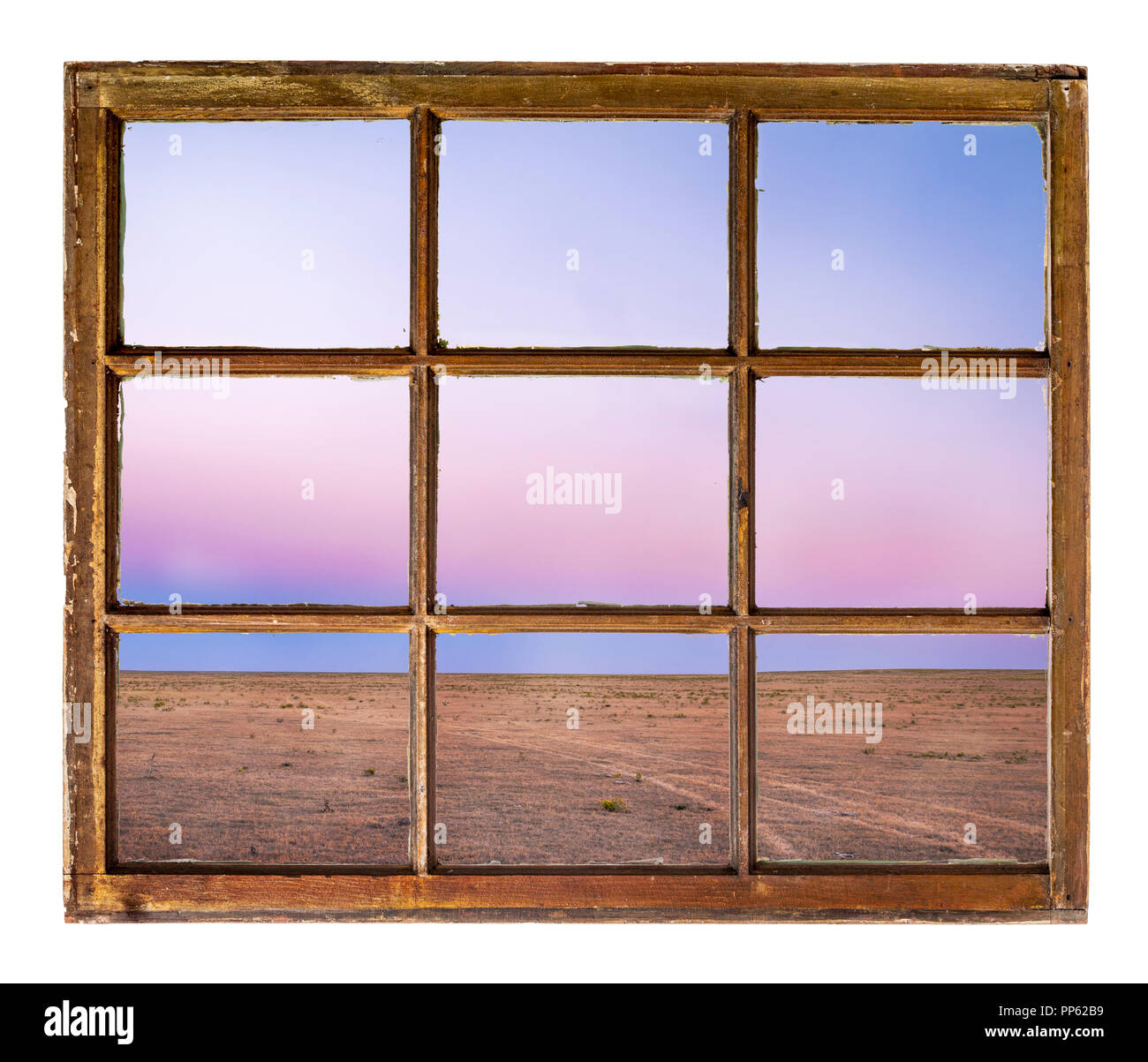 Clear Sky nach Sonnenuntergang in der Prärie in nördlichen Colorado als aus einem Jahrgang Schiebefenster gesehen Stockfoto