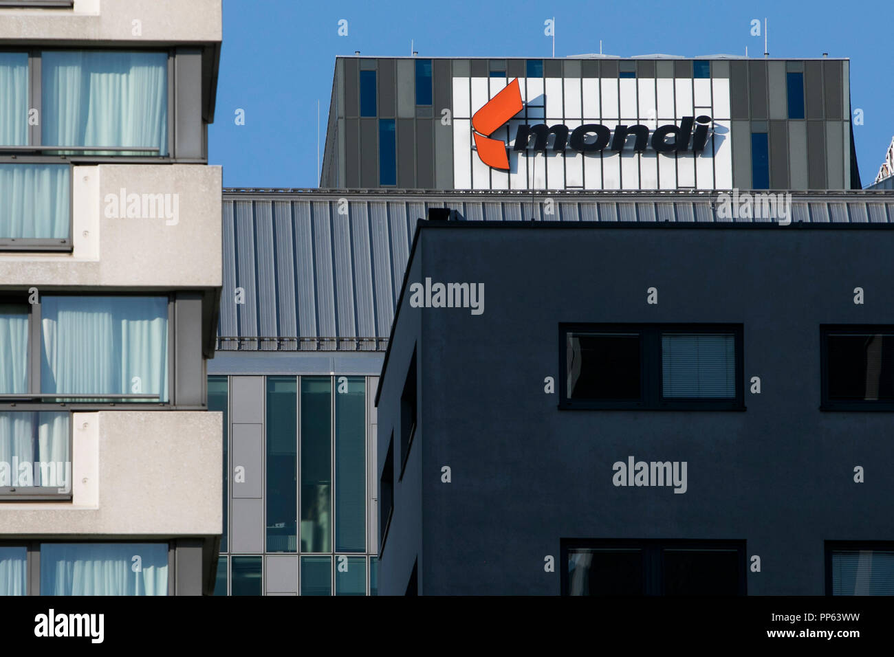 Ein logo Zeichen außerhalb des Hauptquartiers von Mondi in Wien, Österreich, am 5. September 2018. Stockfoto