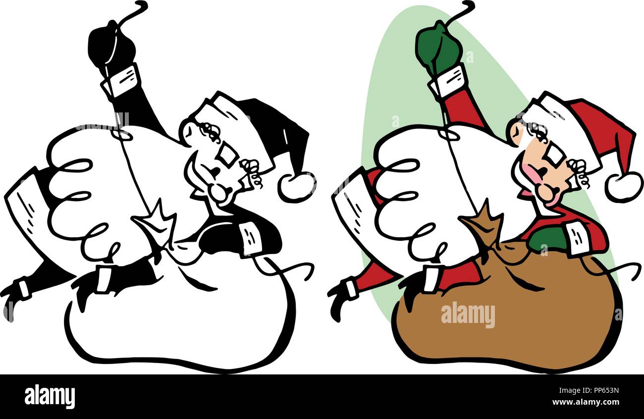 Ein Cartoon von Santa Claus band seine Tasche voller Weihnachtsgeschenke abgeschaltet. Stock Vektor