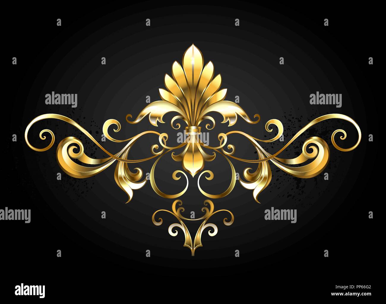Gold, glänzend, Schmuck, antike Rahmen blättern, mit dem Fleur de Lis Symbol auf schwarzem Hintergrund eingerichtet. Stock Vektor