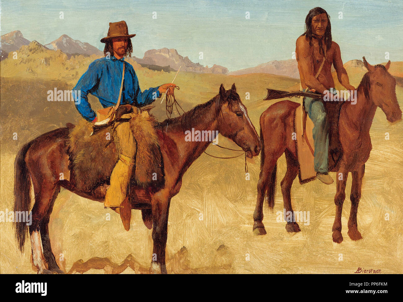 Trapper und indischen Führer auf dem Pferderücken durch Albert Bierstadt Stockfoto