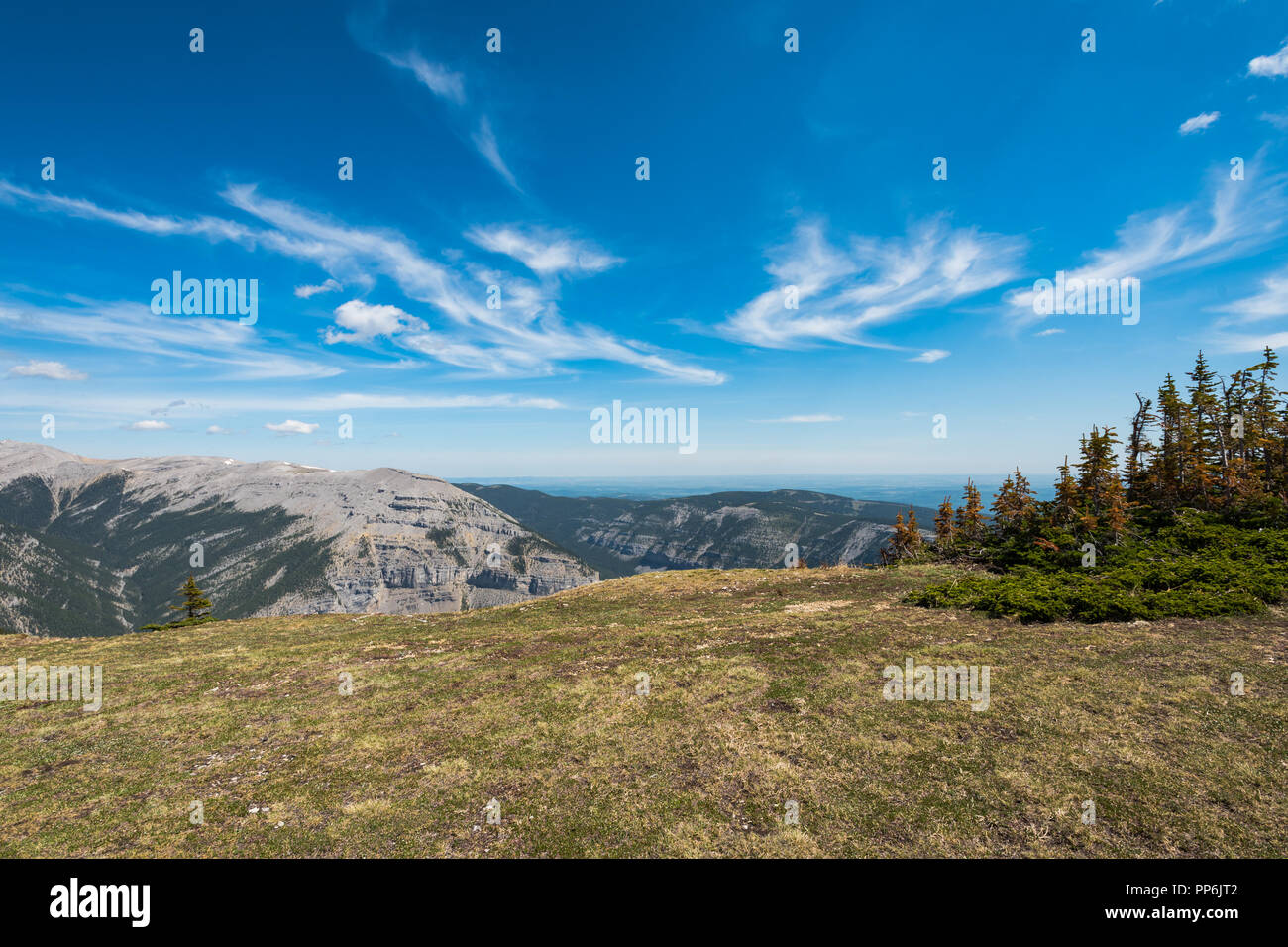 Wandern Blick von der Spitze des Prairie Mountain in Kananaskis Country Alberta Kanada an einem heißen sonnigen Tag Anfang Sommer Stockfoto