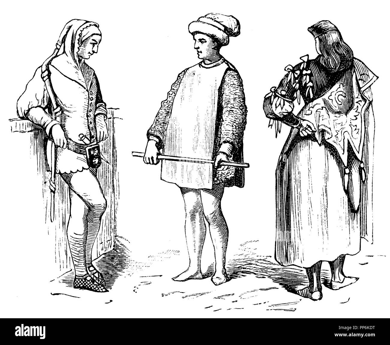 Italienisch (1300-1500), links: Edelmann aus Padua, Ende des 14. Jahrhunderts, Mitte: Diener in Livree, Florenz, Ende 14. Jahrhundert, rechts: Edelmann, 15. Jahrhundert, anonym 1896 Stockfoto
