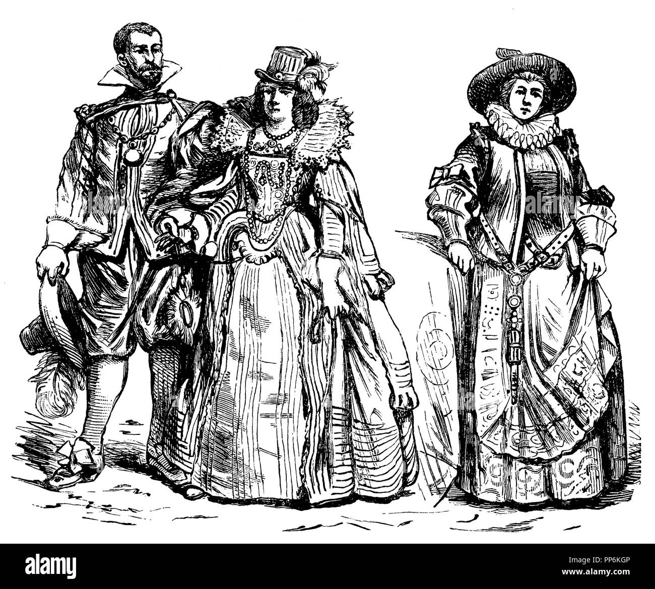 Alter des Dreißigjährigen Krieges (1600-1650), links: edle Menschen, rechts: Bürger Frau, anonym 1896 Stockfoto