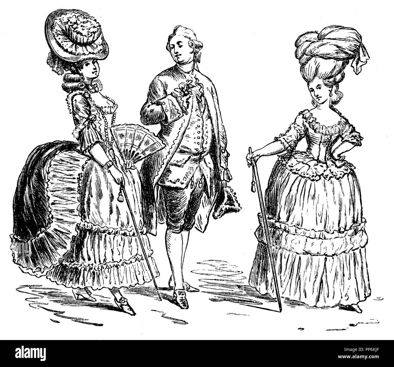 Kostüme von Geflecht und die Revolution (1750-1805): Links: der Mann und die Frau in der Französischen gala Kleid, rechte Mädchen aus Nantes, 1768, anonym 1896 Stockfoto