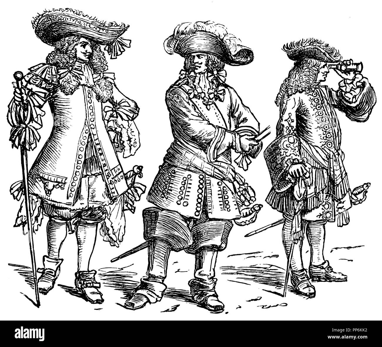 Krieg Kostüm der letzten Zeit, Frankreich, Offizier der Palace Guard, Mitte: Gendarm zu Pferd 1680, rechts: Marschall 1704 Th, anonym 1896 Stockfoto