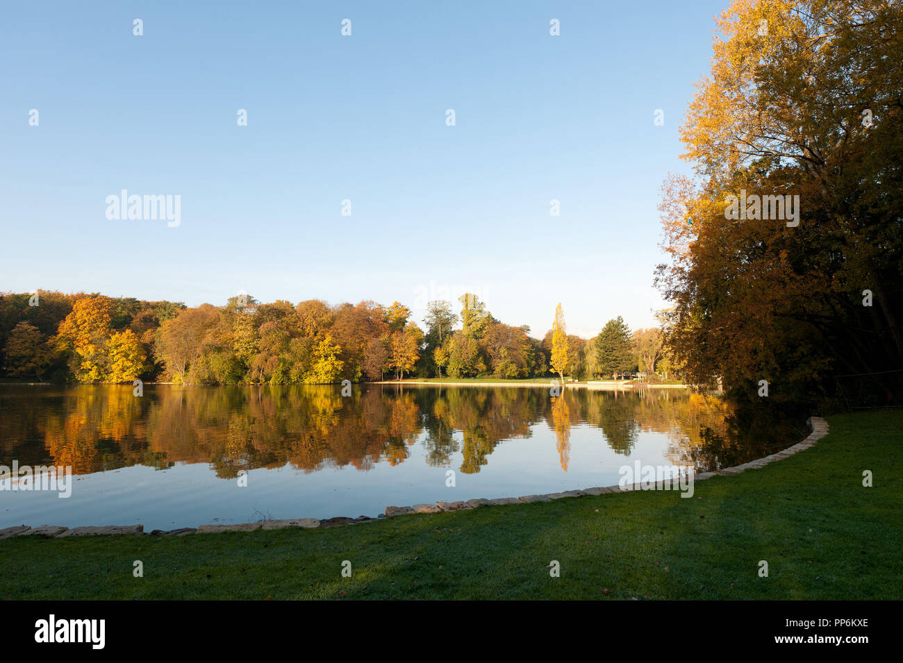 Herbstfarben am Kahnweiher in Köln mit Wiese. Stockfoto