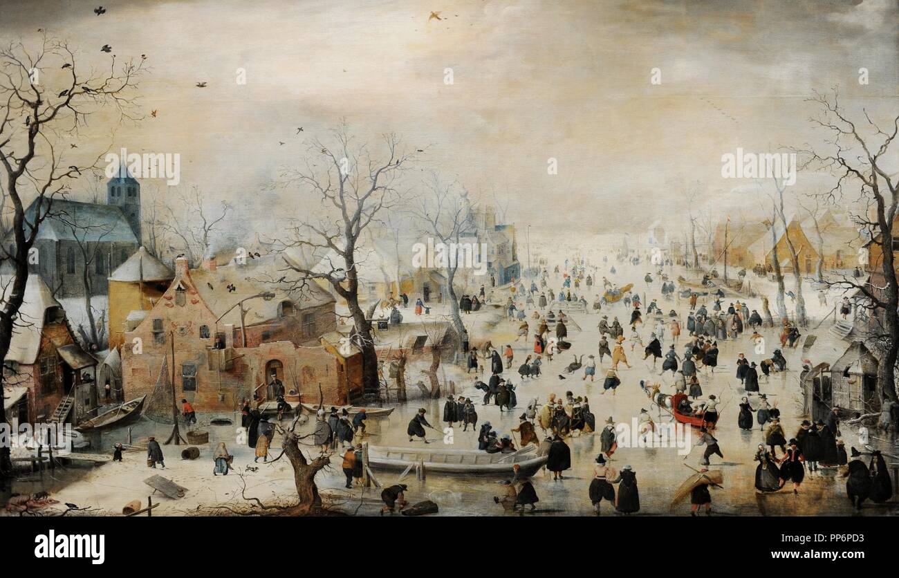 Hendrick Avercamp (1585-1634). Niederländischer Maler. Winterlandschaft mit Eisläufern, c. 1608. Rijskmuseum. Amsterdam. Niederlande. Stockfoto