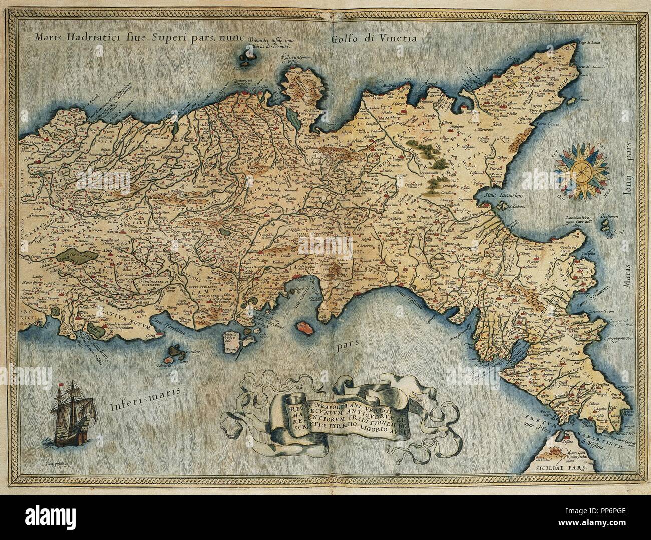 Karte des Königreichs Neapel. Theatrum Orbis Terrarum von Abraham Ortelius (1527-1598). Erste Ausgabe. Antwerpen, 1574. Bibliothek von Katalonien. Barcelona. Spanien. Stockfoto
