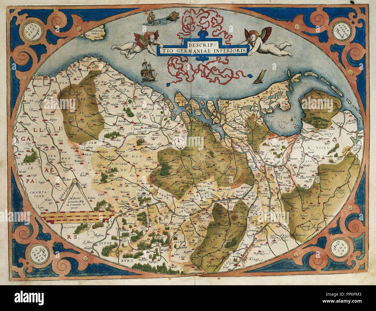 Karte von Deutschland und Niederlande. Theatrum Orbis Terrarum von Abraham Ortelius (1527-1598). Erste Ausgabe. Antwerpen, 1574. Bibliothek von Katalonien. Barcelona. Spanien. Stockfoto
