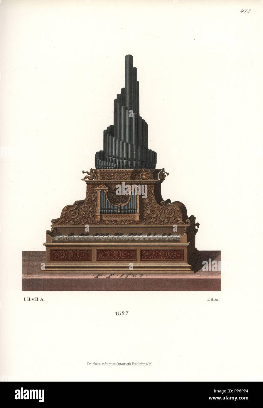 Im Stil der Kaiserzeit aufrecht tragbare Orgel von P.F. (Peter Floetner), Nürnberg Designer, Bildhauer und Grafiker, 1527. Von Hefner-Alteneck Chromolithograph's 'Kostüme, Kunstwerke und Geräte vom Mittelalter bis in das 17. Jahrhundert", Frankfurt, 1889. Illustration von Dr. Jakob Heinrich von Hefner-Alteneck, Lithographiert von C. Regnier. Dr. Hefner-Alteneck (1811 - 1903) war eine Deutsche, die die Kuratorin des Museums, Archäologe, Kunsthistoriker, Zeichner und Kupferstecher. Stockfoto