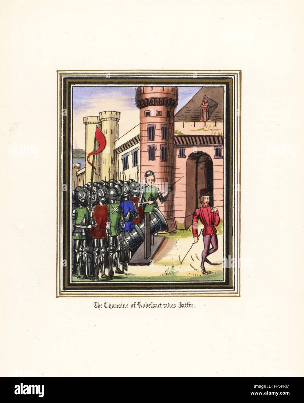 Thierry de Robersart, Kanon der Robessart (1340-1387), dauert das Schloss und Münster von Jaffre, 10 km von Sevilla entfernt. Papierkörbe Lithografie nach einem beleuchteten Manuskript von Sir John's Froissart 'Chroniken von England, Frankreich, Spanien und den angrenzenden Ländern, von der zweiten Hälfte der Regierungszeit von Edward II. an der Krönung von Heinrich IV., 'George Routledge, London, 1868. Stockfoto