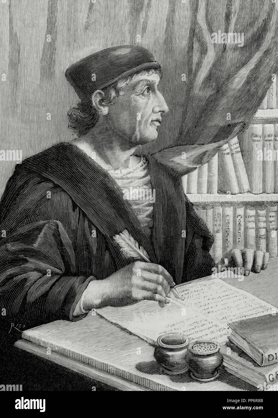 Antonio Nebrija (1441-1522). Spanische Wissenschaftler, Historiker, Lehrer und Dichter. Schreiben einer Grammatik der kastilischen Sprache. Gravur. Stockfoto