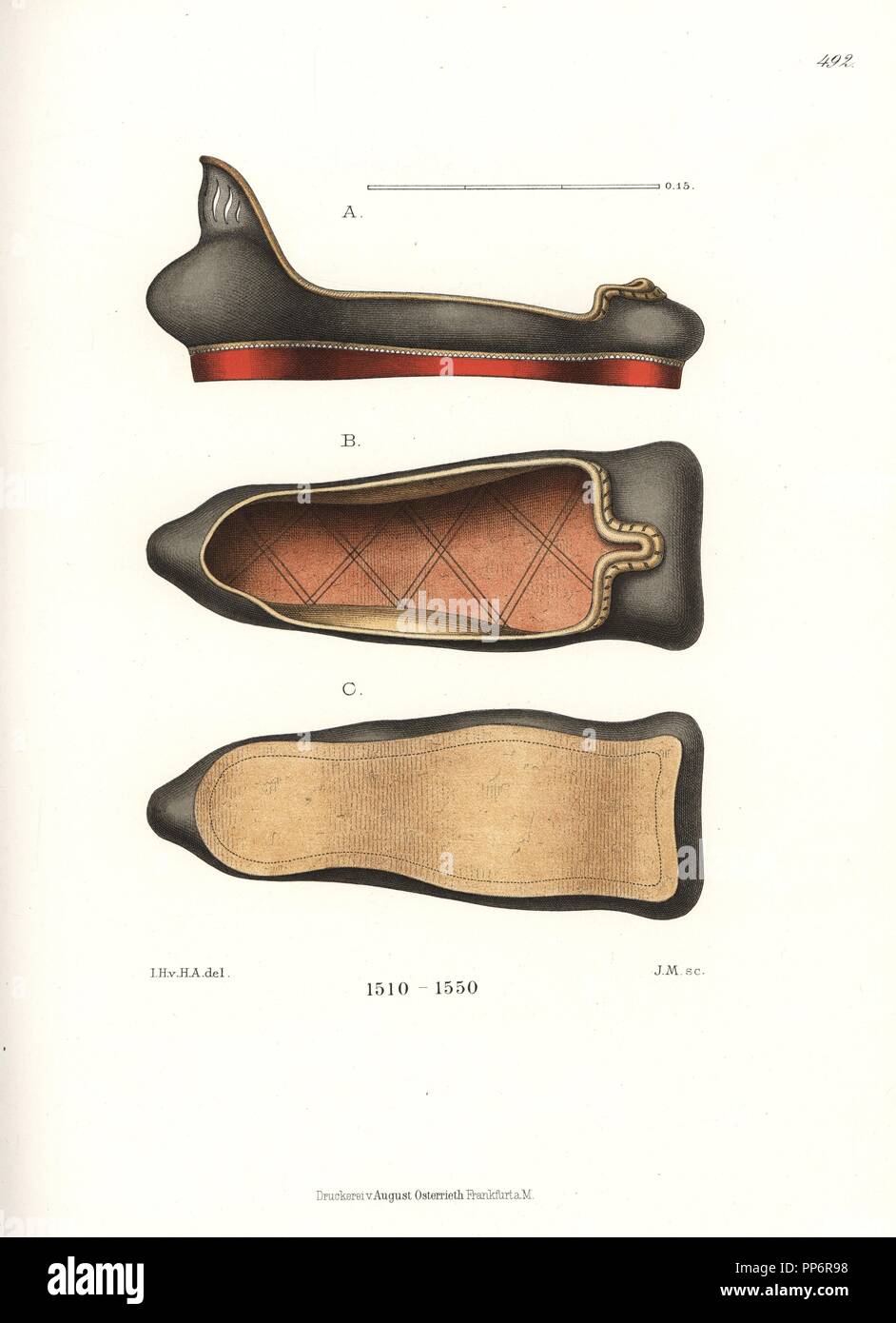 Rechten Schuh aus ein paar für die Heiligen Römischen Kaiser Matthias II., erste Hälfte des 16. Jahrhunderts. Leder squared-toed Schuh mit einem schwarzen oberen, braun, innen, und rote Sohle. Von Hefner-Alteneck Chromolithograph's 'Kostüme, Kunstwerke und Geräte vom Mittelalter bis in das 17. Jahrhundert", Frankfurt, 1889. Illustration von Dr. Jakob Heinrich von Hefner-Alteneck, Lithographiert von J.M. Dr. Hefner-Alteneck (1811 - 1903) war eine Deutsche, die die Kuratorin des Museums, Archäologe, Kunsthistoriker, Zeichner und Kupferstecher. Stockfoto