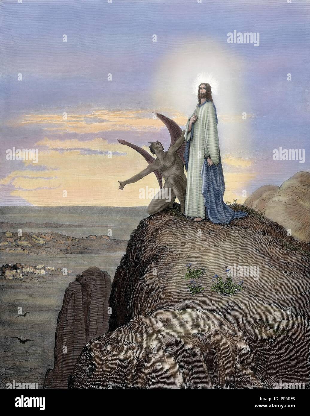 Neuen Testament. Evangelium des Matthäus. Kapitel IV. Jesus vom Teufel in Versuchung geführt. Von Gustave Dore Zeichnung. Kupferstich von Pannemaker. 19. Gefärbt. Stockfoto