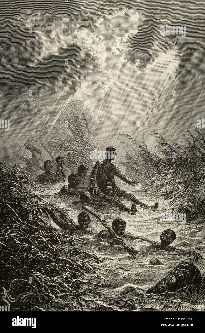 David Livingstone (1813-1873). Scottish Explorer. Livingstone durch einen Sumpf mit einem Porter während seiner Expedition nach Afrika im Jahr 1872. Kupferstich von Charles Laplante (d. 1903). Die in der Abbildung dargestellte Welt, 1882. Stockfoto