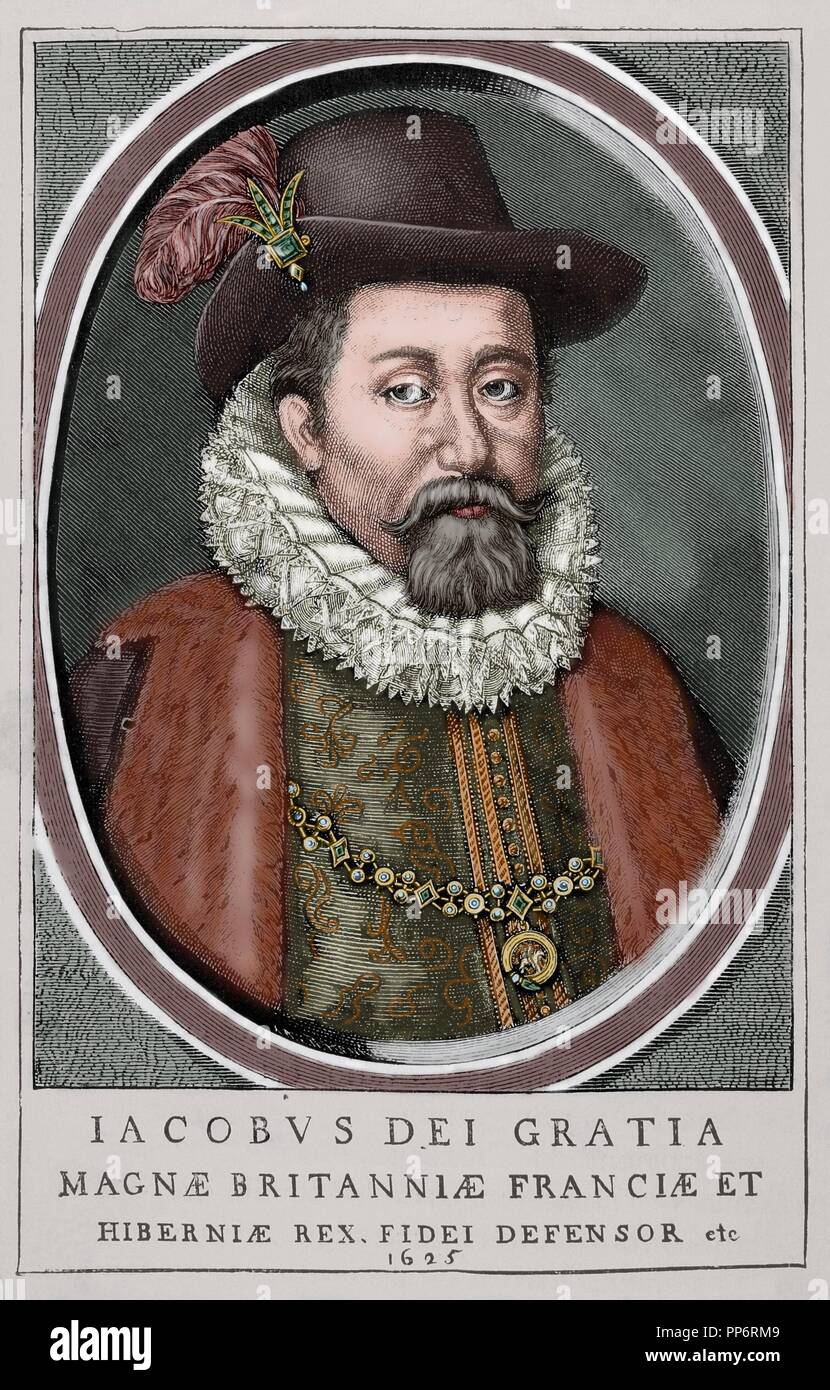 James VI und I (1566-1625). König von Scots als James VI vom 24. Juli 1567 und der König von England und Irland als James I ab 24. März 1603 bis zu seinem Tod. Farbige Gravur. Stockfoto