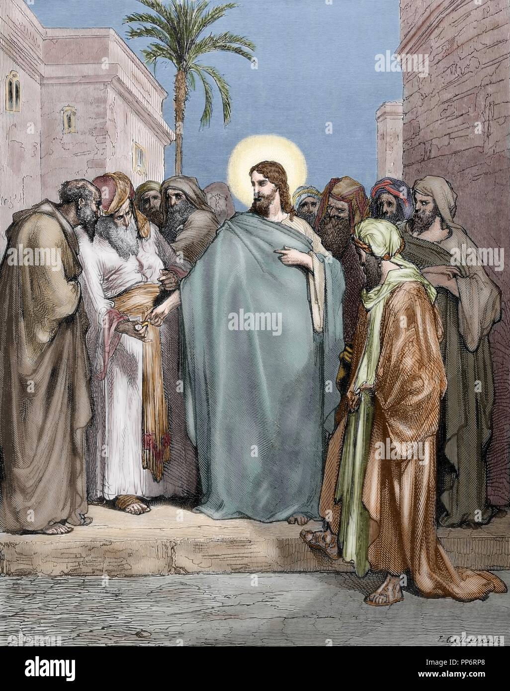 Neuen Testaments. Evangelium des Matthäus. Kapitel XXII. Caesar es Geld. Gustave Dore Zeichnung. Kupferstich von J. Gauchard. Farbige. Stockfoto