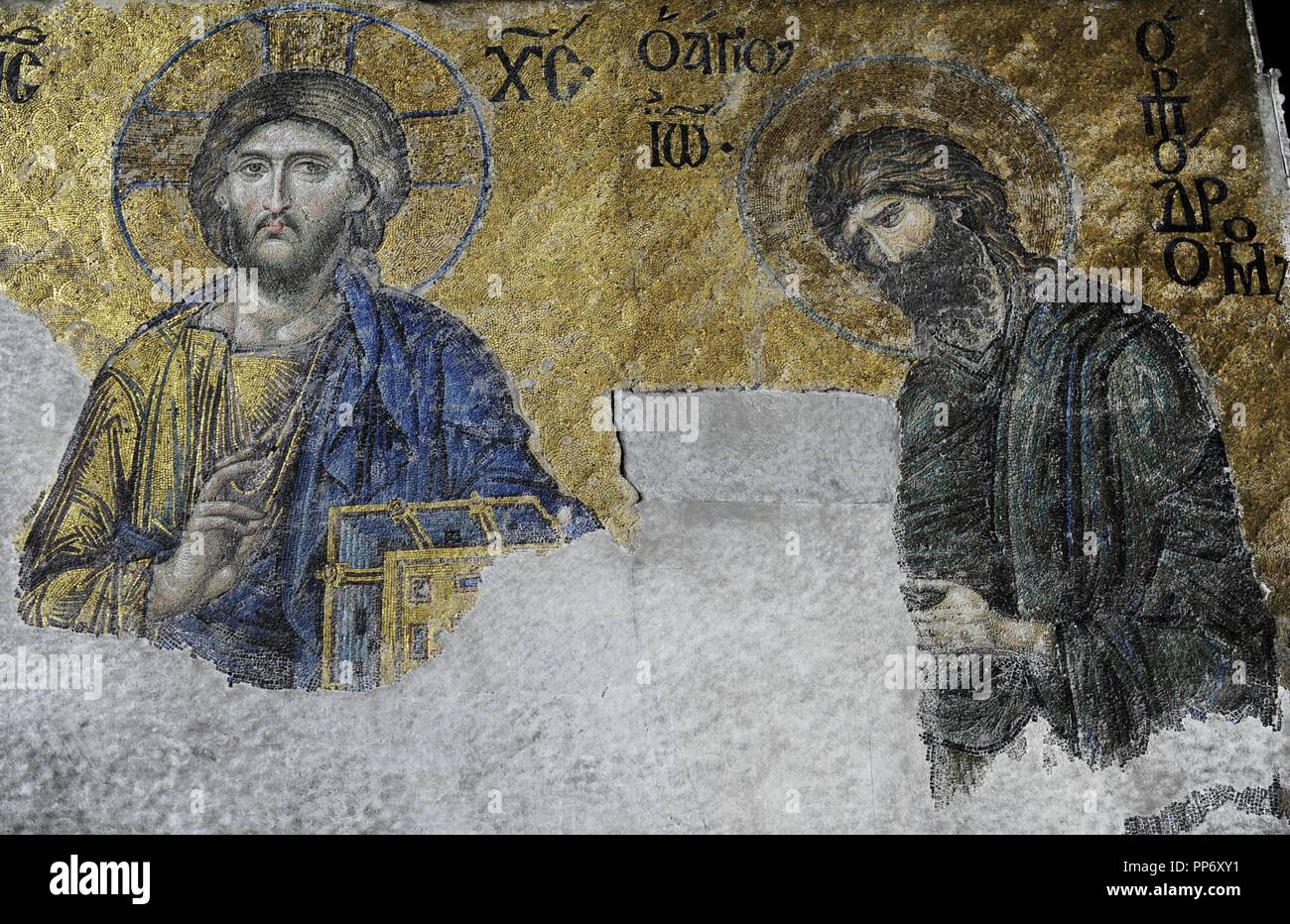 Die Hagia Sophia. Mosaik der Deesis. Detail des thronenden Christus mit dem Hl. Johannes dem Täufer. 13. Jahrhundert. Istanbul. Die Türkei. Stockfoto