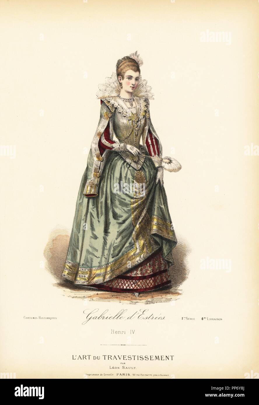 Gabrielle d'Estrees, Herzogin von Beaufort und Verneuil, Herrin von König Heinrich IV. von Frankreich, aus dem 16. Jahrhundert. Papierkörbe Lithografie nach einem Entwurf von Leon Sault von 'L'Art du Travestissement" (Die Kunst des Fancy Dress), Paris, c 1880. Sault war ein Theater und Oper designer und Luxus Mode Magazin Verlag. Stockfoto