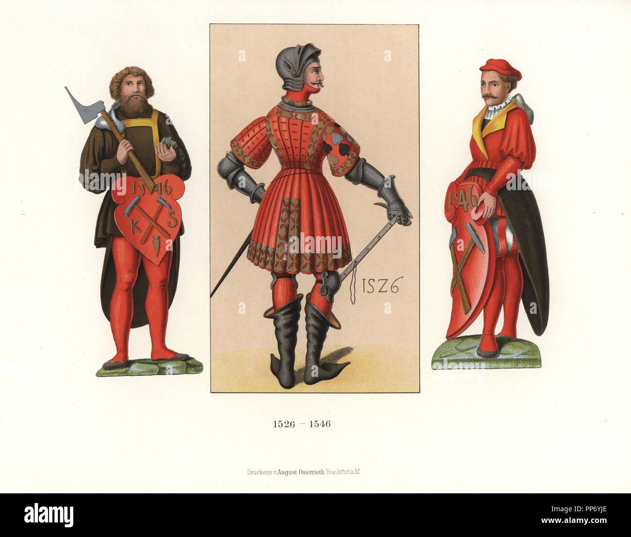 Deutsche männliche Kostüme von 1526-1546. In der Mitte ist ein Portrait von  Casimir Markgraf von Brandenburg, 1526, in Rüstung, Helm, Röcke und Schuhe,  sofern als Muster für seine Schneider und Waffenschmieden. An