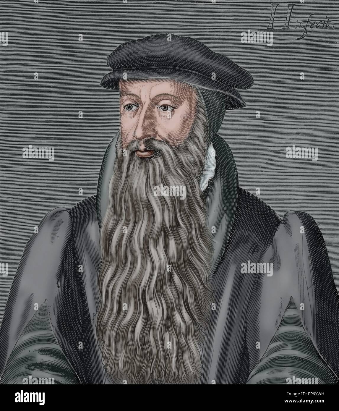 John Knox (1514-1572). Schottische Priester, der Führer der protestantischen Reformation in Schottland. Kupferstich von H. Hondins der Junge. Die universelle Geschichte, 1885. Gefärbt. Stockfoto