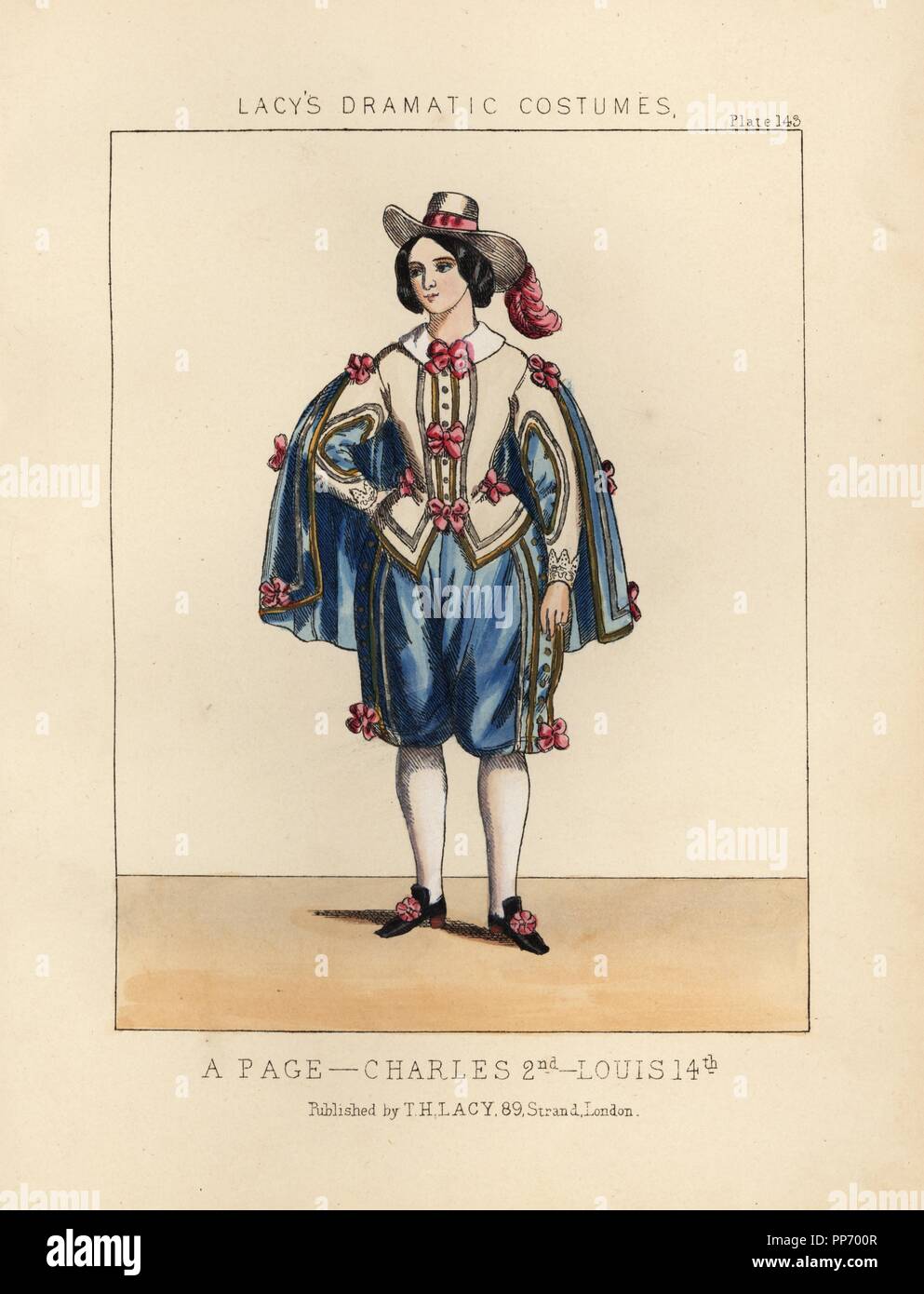 Frau in ziehen als Seite, Herrschaft von König Charles II/Louis XIV, 16. Papierkörbe Lithographie von Thomas Hailes Lacy's 'weibliche Kostüme historischen, nationalen und Dramatische in 200 Platten", London, 1865. Lacy (1809-1873) war ein britischer Schauspieler, Dramatiker, theatralischen Manager und Verleger. Stockfoto
