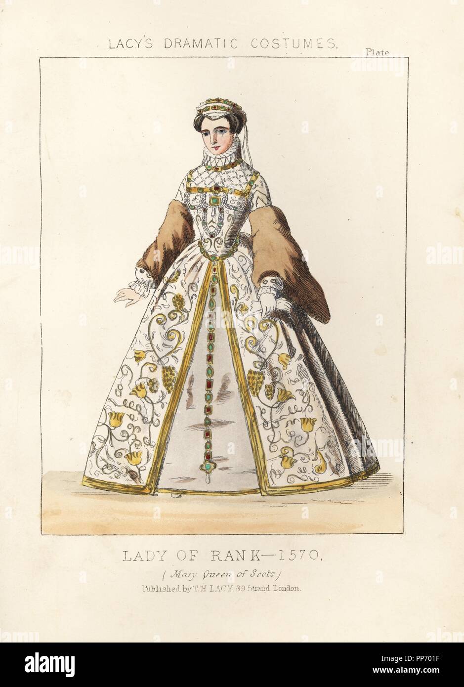 Kostüm von Maria Stuart, 1570. Papierkörbe Lithographie von Thomas Hailes Lacy's 'weibliche Kostüme historischen, nationalen und Dramatische in 200 Platten", London, 1865. Lacy (1809-1873) war ein britischer Schauspieler, Dramatiker, theatralischen Manager und Verleger. Stockfoto