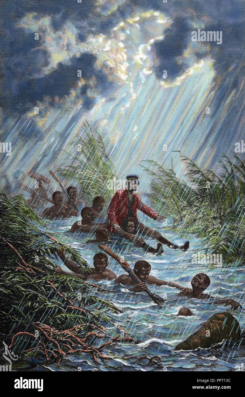 David Livingstone (1813-1873). Scottish Explorer. Livingstone durch einen Sumpf mit einem Porter während seiner Expedition nach Afrika im Jahr 1872. Kupferstich von Charles Laplante (d. 1903). Die in der Abbildung dargestellte Welt, 1882. Gefärbt. Stockfoto