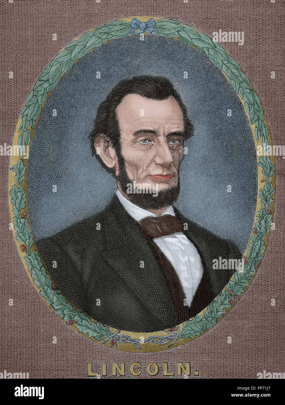 Abraham Lincoln (1809-1865). 16. Präsident der Vereinigten Staaten. Gravur in Universalgeschichte, 1885. Farbige. Stockfoto