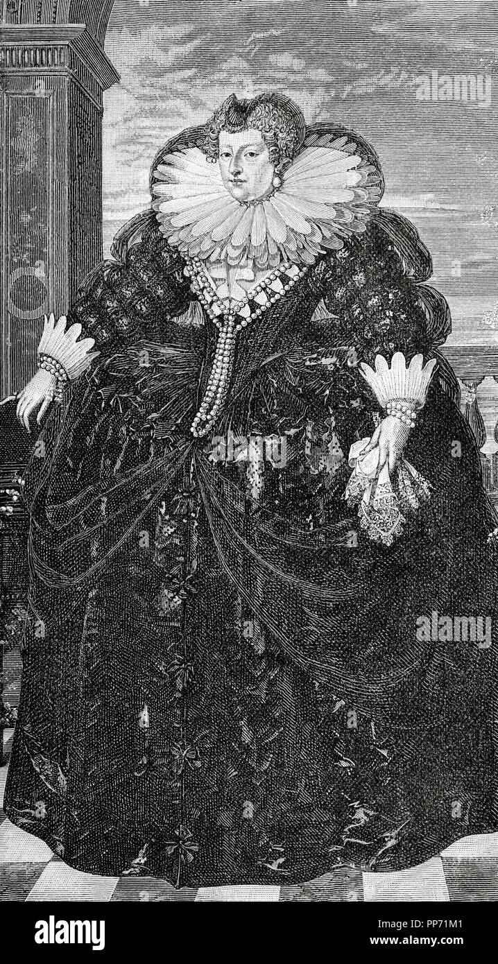 Marie de' Medici (1575-1642). Königin von Frankreich als die zweite Frau von König Henry IV von Frankreich, der das Haus Bourbon. Porträt. Engaving aus einem Gemälde von F. Porbus "Historia Universal", 1885. Stockfoto