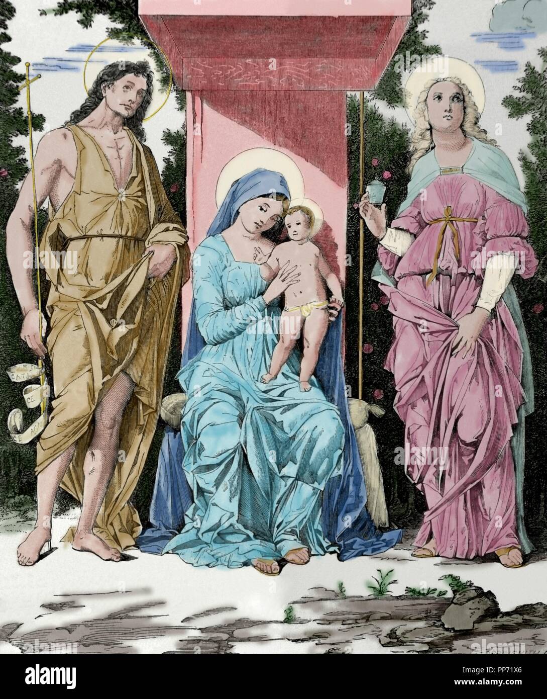 Die Jungfrau und Kind mit der Magdalena und Johannes der Täufer. Kupferstich von Orrinsmith. Kopie eines Gemäldes von Andrea Mantegna (1431-1506). Gefärbt. Stockfoto