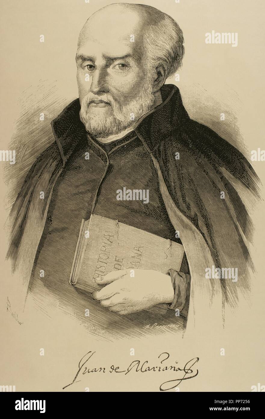 Juan de Mariana oder Vater Mariana (1536-1624). Spanischen Jesuiten Priester, Gelehrte, Historiker und Mitglied der Monarchomachs. Kupferstich von Arturo Carretero im 'La Ilustracio n Espan Ola y Americana", 1879. Stockfoto