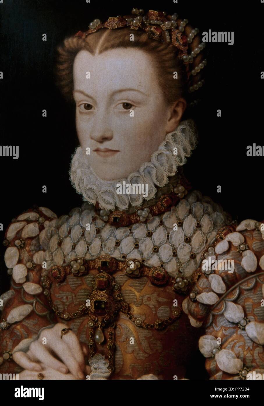 Elisabeth von Österreich (1554-1592), Königin von Frankreich. Porträt der französischen Renaissance Maler Franc ois Clouet (1510-1572), 1571. Museum des Louvre. Paris, Frankreich. Stockfoto