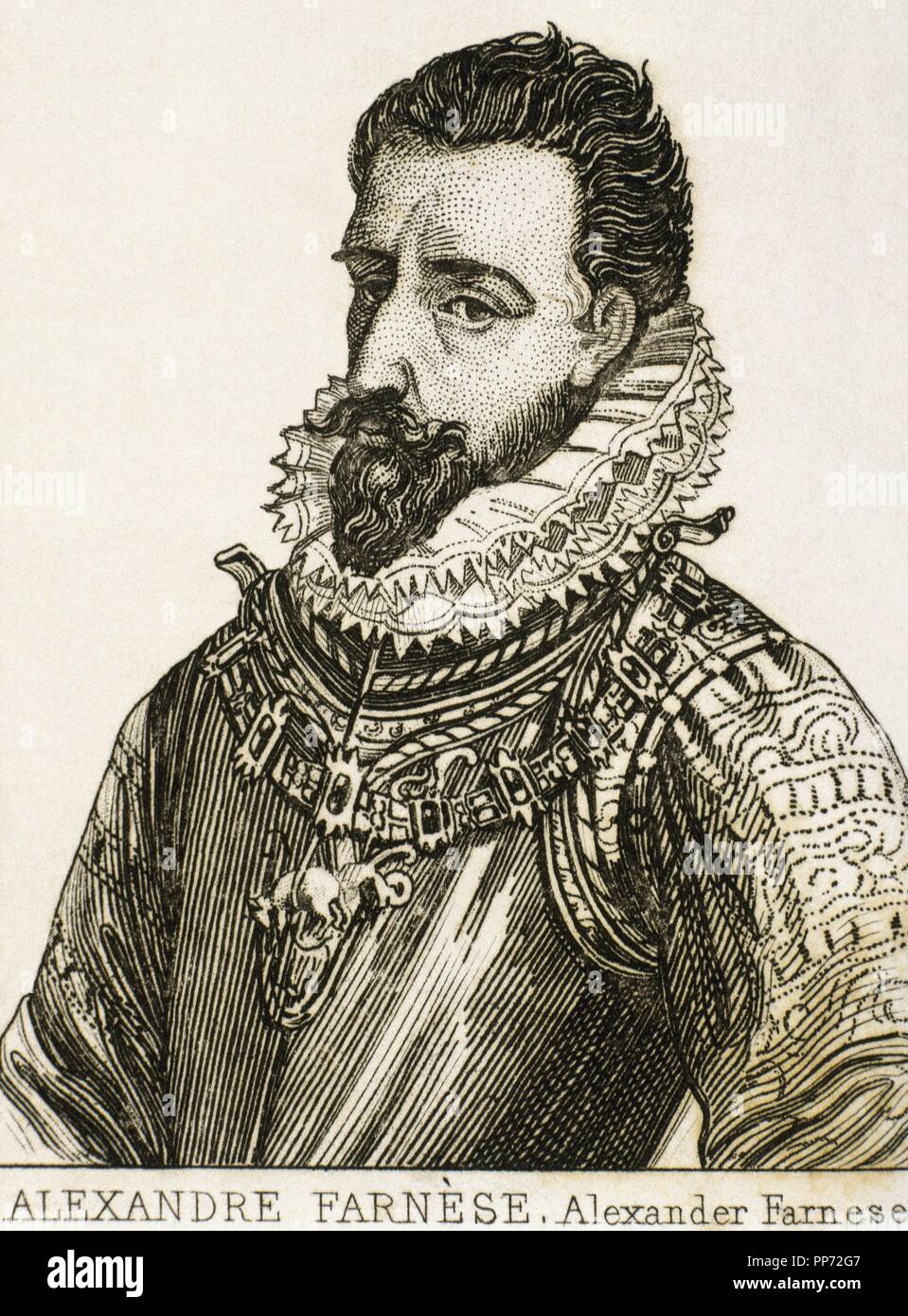 Alexander Farnese (1545-1592). Herzog von Parma, Piacenza und Castro und Gouverneur der spanischen Nedtherlands (1578-1592). Porträt. Gravur. Stockfoto